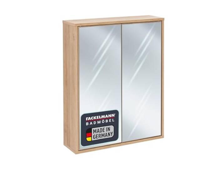 FACKELMANN Finn Spiegelschrank 60 cm in Braun Hell, Retrostil mit Push-to-Open Technik, Holzoptik, Made in Germany