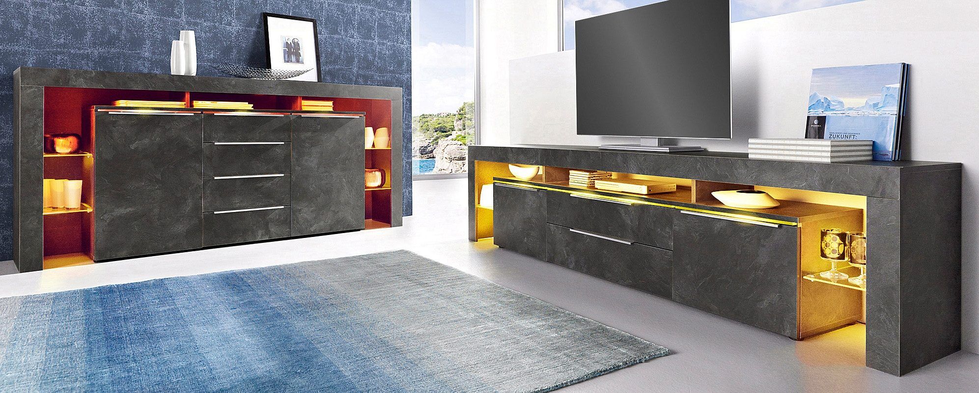 Lowboard BORCHARDT MÖBEL "Lima", grau (schieferfarben), Sideboards, Lowboard, Breite 220 cm