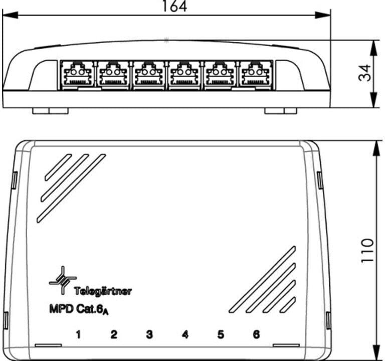Telegärtner Mini-Verteiler aus Metall für die Verteilung von Daten nach Cat.6A, mit Kabelabfangung und Erdungsklemme, Farbe: alpinweiß, Typ: MPD6-HS K (100006987)