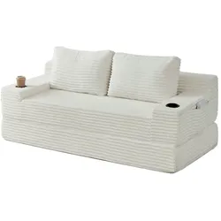 MODFU Klappsofa Cord Beige 2-in-1 mit Getränkehaltern und Seitentaschen