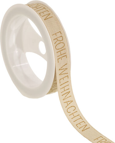 Stoffband "Frohe Weihnachten", creme-gold, 15 mm, 5 m