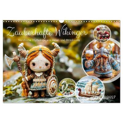 Zauberhafte Wikinger - Nordische Mythologie aus Häkel- und Strickwolle (Wandkalender 2027 DIN A3 quer), CALVENDO Monatskalender