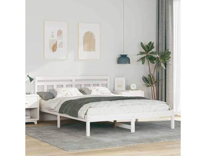 Bettrahmen Weiß 140 x 200 cm Massives Kiefernholz Mit Kopfteil, Plattform-Lattenrost, Quadratische Beine, Einfacher Aufbau, Pflegeleicht