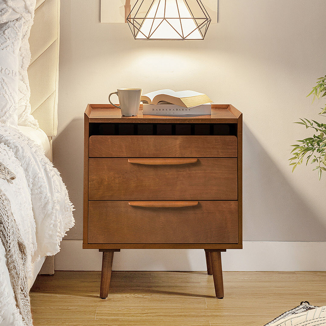 George Oliver Florrie Mid-Century Modern 3 - Drawer Bedside Table with Charging Station Acorn 71.12cm H X 60.96cm W X 45.72cm D