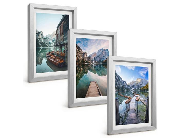 Tulup Bilder SET 3er Set - 20x30 cm Silberner Rahmen - See Berge Holzboote, Silberfarben, Kunststoff, Rechteckig, 20x30 cm, Fotografie, Bilder & Rahmen, Bilder