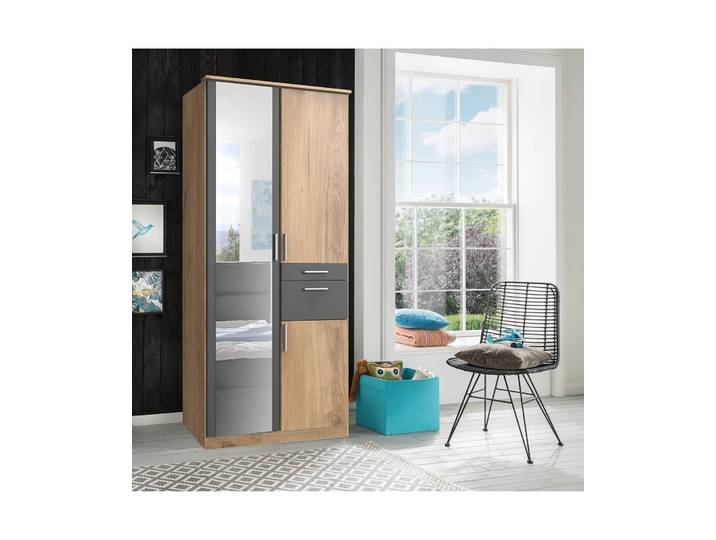 home24 Draaideurkast I 91cm bruin/grof gezaagde eikenhouten look/grafiet