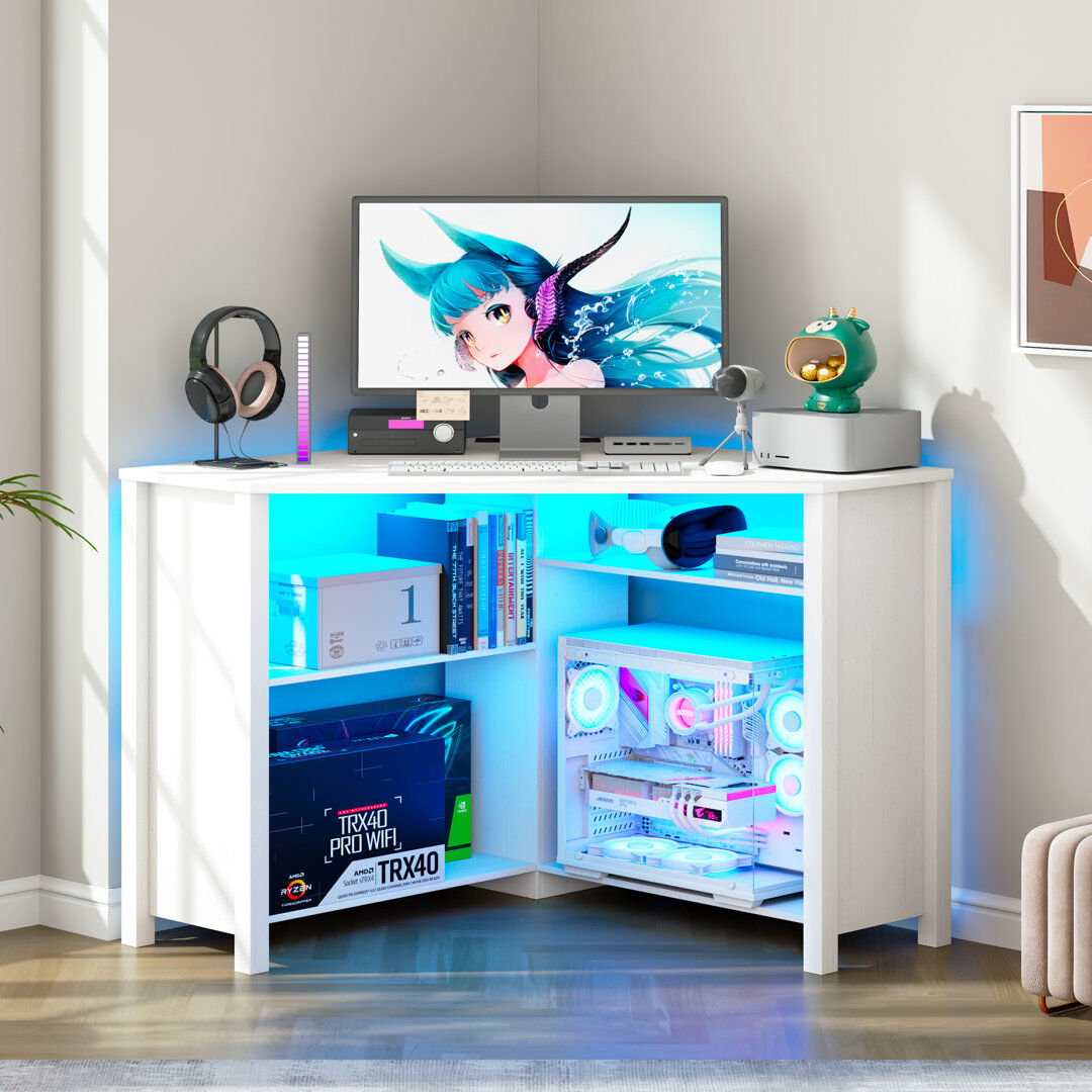 Blue Elephant Pentagonal Corner Computer Desk with Charging Station, Adjustable Led Lighting White 78cm H X 88.9cm W X 30cm D