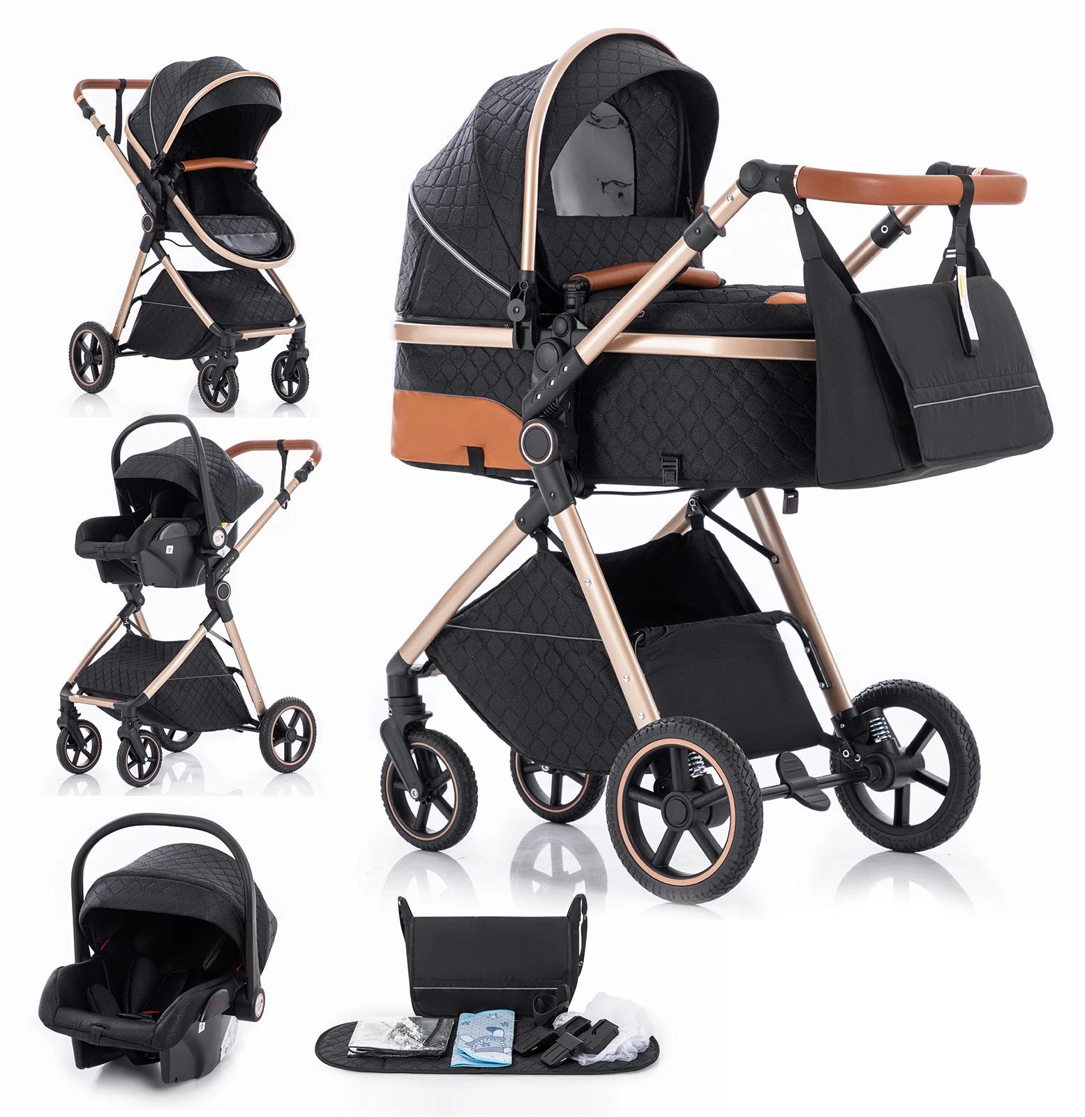 Babywagen 3-in-1 - Kombikinderwagen hohe Sitzposition - Liegen und Sitzen - Leicht faltbar - Bis 20 kg - Für 1-2 Jahre - Schwarz kariert