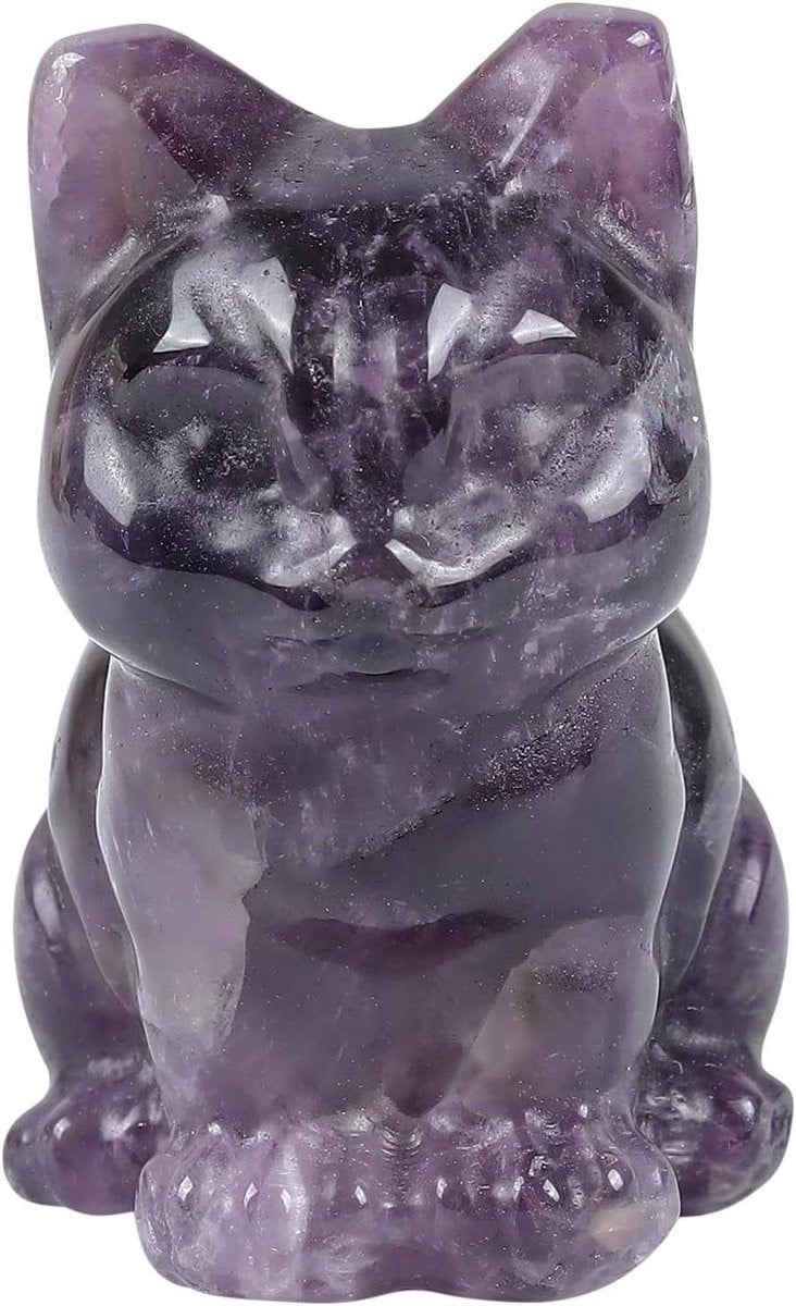Handgesneden Amethist Kattenbeeldje - Mini Kristallen Kat Decoratie - Hoogte: 38-41 mm