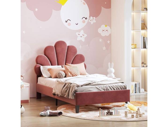 URTR Lit rembourré 90x200cm - lit enfant avec tête de lit fleurie - Sommier à lattes - Antidérapant - Velours MDF - Rouge haricot