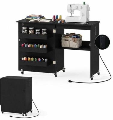 Costway Sewing Machine Table with Charging Station and Lockable Casters-Black