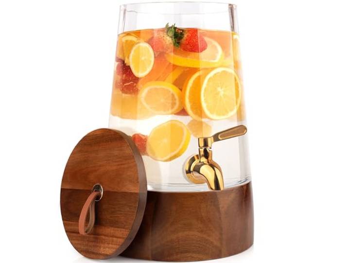 FOODLE Getränkespender aus Glas mit Zapfhahn - Getränkespender mit Ständer Handgefertigtes Glas – Ständer aus Akazienholz – tropffreier Zapfhahn – perfekt für Wasser, Limonade, Sangria, Saft und mehr