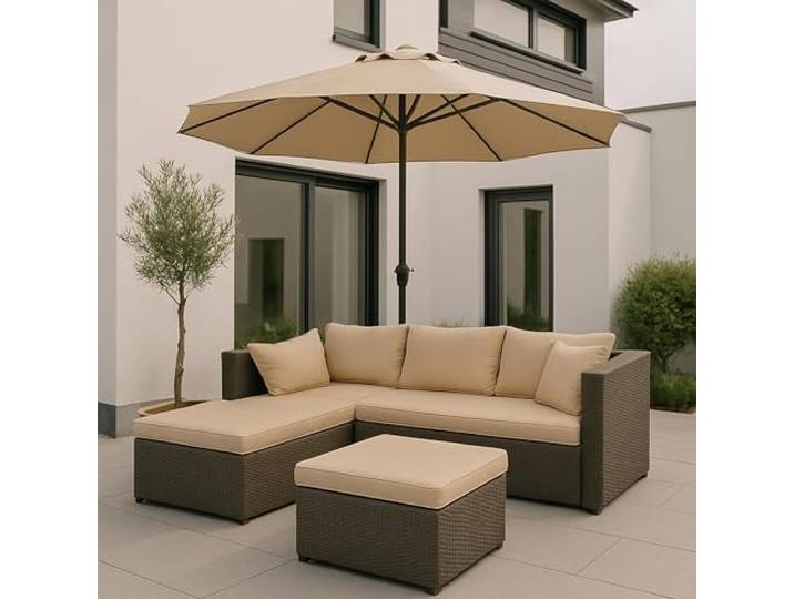 Mendler Poly-Rattan Garnitur HWC-O46 - grau Polster beige