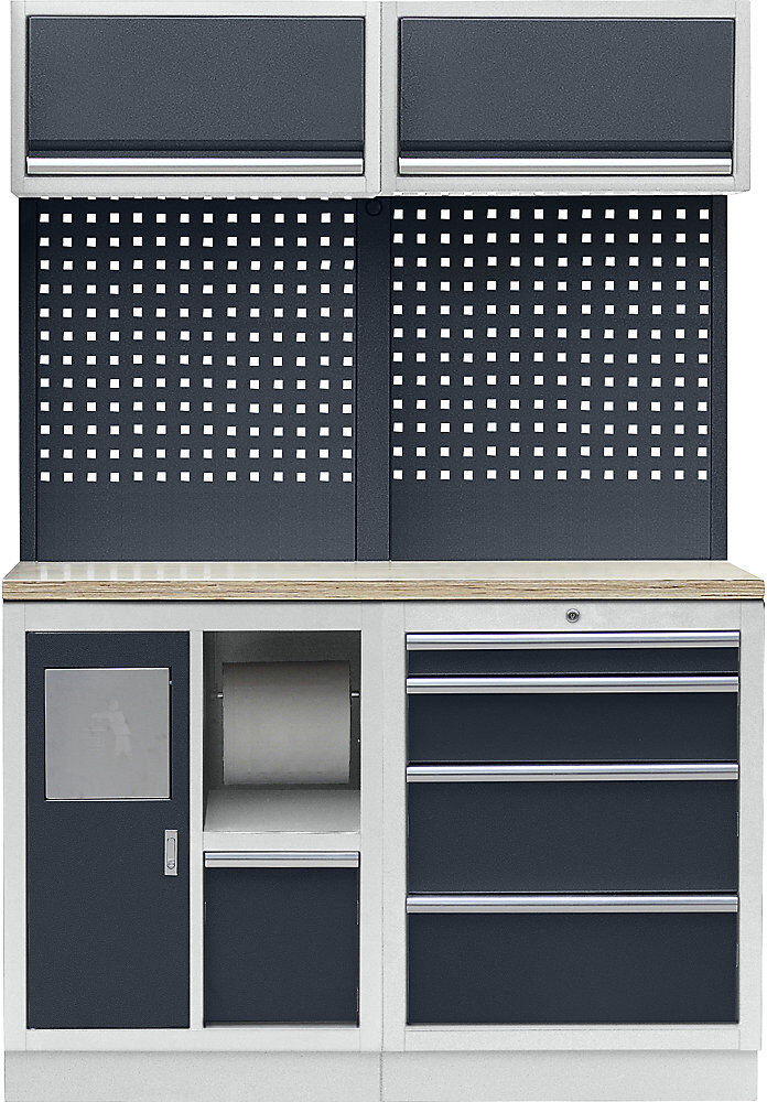 kaiserkraft Werkstattschranksystem mit Abfall- und Reinigungs-Center, BxT 1360 x 460 mm, lichtgrau / anthrazitgrau