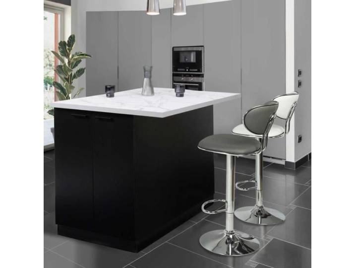 IDMARKET Ilot central IVO 100 cm bois noir avec plan de travail effet marbre ALASKA