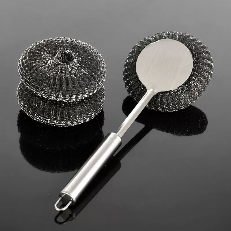 INF Topfbürste aus Edelstahl mit langem Griff und Scheuerschwamm