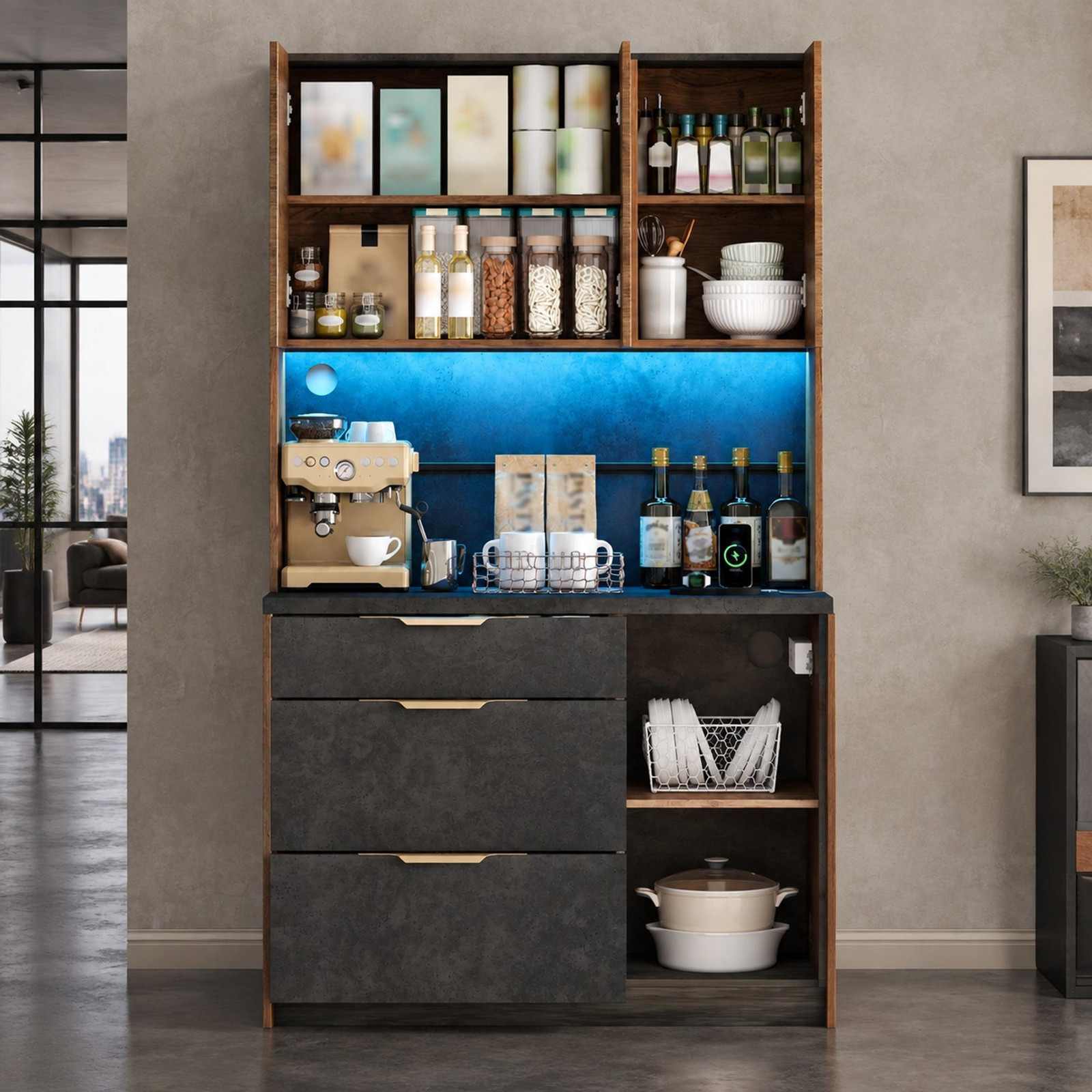 OKWISH Keukenkast met 3 lades, LED-verlichting en stopcontacten, Hoge buffetkast in natuurlijke stijl