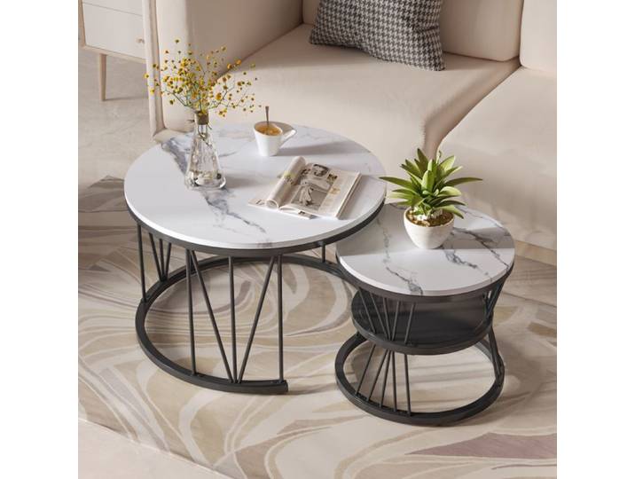 Table Basse Gigogne - RWUDV - Ronde - Métal en V - Effet Marbre - Lot de 2