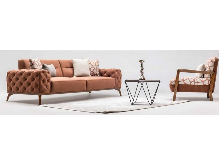 JVmoebel Chesterfield-Sofa Oranges Stoffsofa mit Sessel – stilvolle Polstergarnitur, Set 2 Teile, Made in Europa
