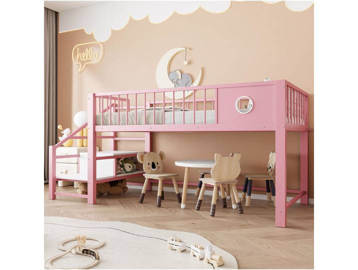 Lit mezzanine bas enfant rose 90 × 200 cm avec échelle de rangement