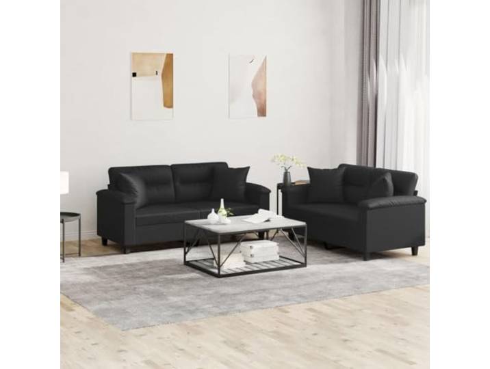 HEFZGDB 2-TLG. Sofagarnitur mit Kissen Schwarz Kunstleder Langlebig Bequem Polsterung Schmutzabweisend Robustes Gestell Stabiles Metall Sofa Sitzkomfort Entspannung Wohnzimmer Möbel