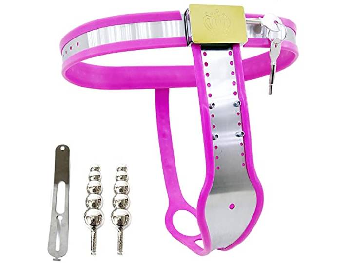 ZWBHSH Keuschheitsgürtel Für Damen Mit Vaginalplug Und Anal Plug Edelstahl Keuschheitsgürtel Sexspielzeug Set Sm Bondage Fetisch Sex Toyset Für Frauen Extrem Party Sex Spielzeug,Rosa,80/90cm