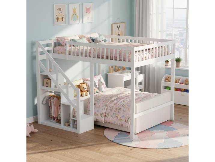 90x200 cm Lit Superposé avec Escalier Lit pour Enfant Superposé Lit d'enfant Lit Mezzanine avec Protection Antichute et ClôTures