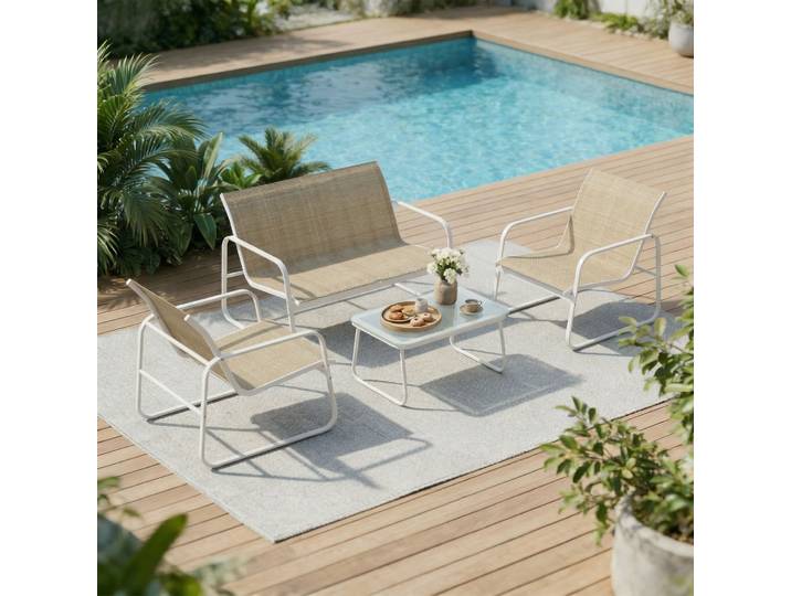 Outsunny Ensemble Jardin 4 Pièces Canapé 2 Places Table Verre Kaki