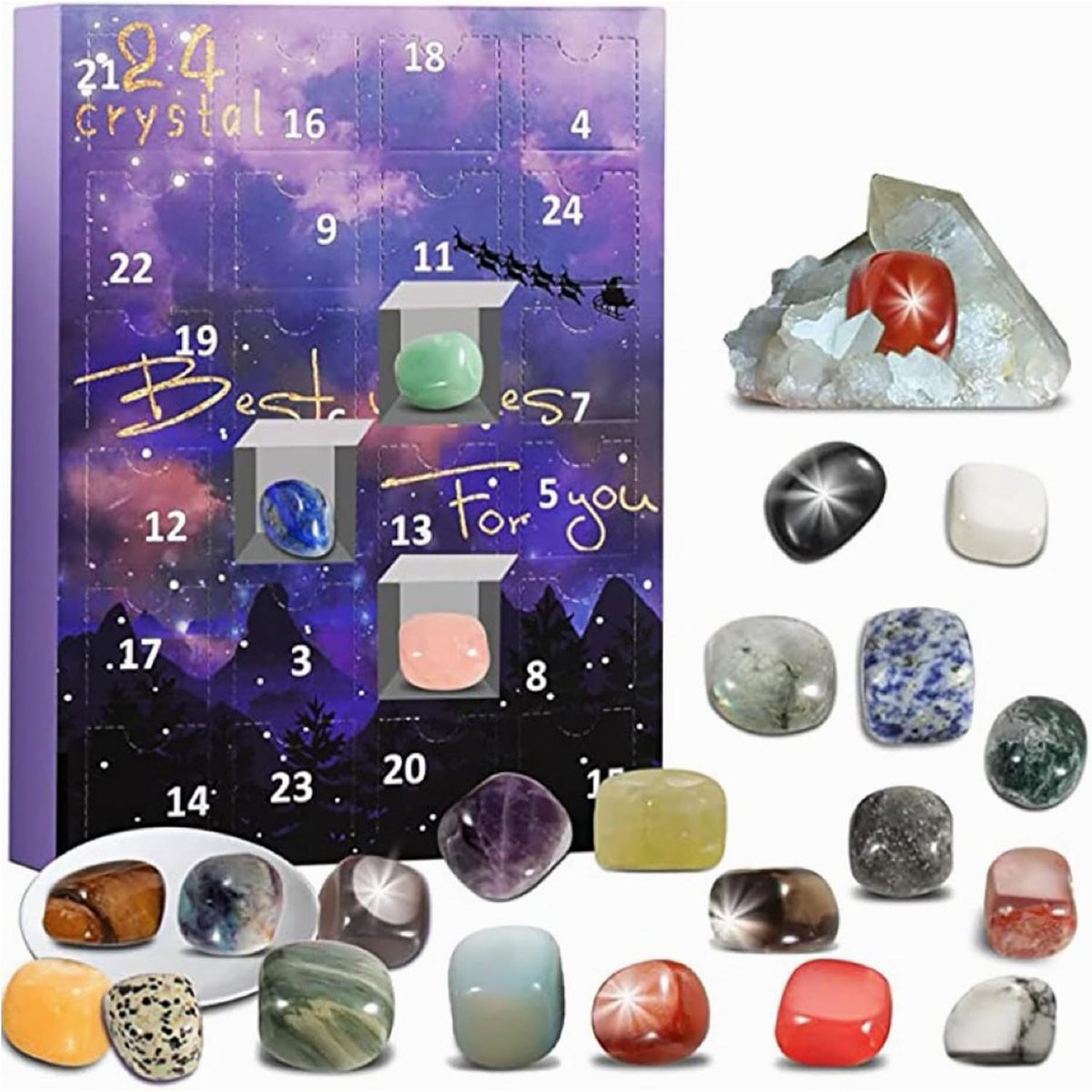 Cyslmuk Kristallen Adventskalender met 24 Dagen Natuurlijke Kristallen en Fossiele Mineralen voor Kinderen
