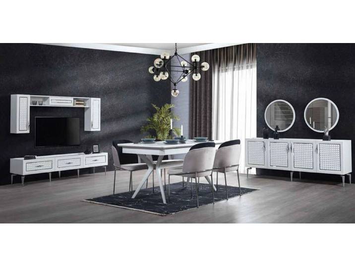 JVmoebel Esszimmer-Set Moderne Essgruppe aus Holz in Weiß mit Tisch, Stühlen und Kommode, (Esszimmer-Set, Küchen-Set), Made in Europa