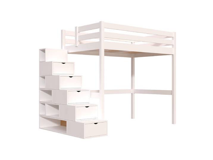 Lit mezzanine bois 120x200 Sylvia avec escalier cube 120x200 Blanc
