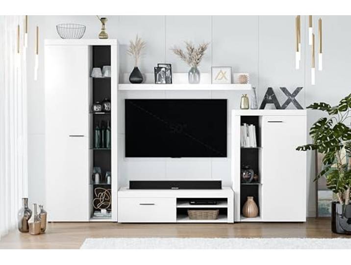 AXLIVING Spacoro Wohnwand Weiß 270 cm breite, hochwertig Zwei Vitrinen, Wandregal und TV-Schrank. Laminierte Platten mit Melaminkante und MDF-Leiste. Ohne LED-Beleuchtung.