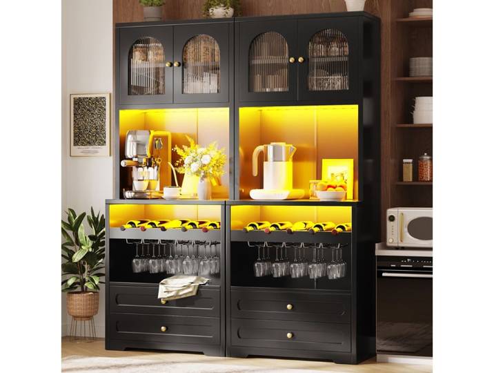 Maisentiel Buffet de cuisine haut noir 140 x 40 x 180 cm portes vitrées arquées LED USB