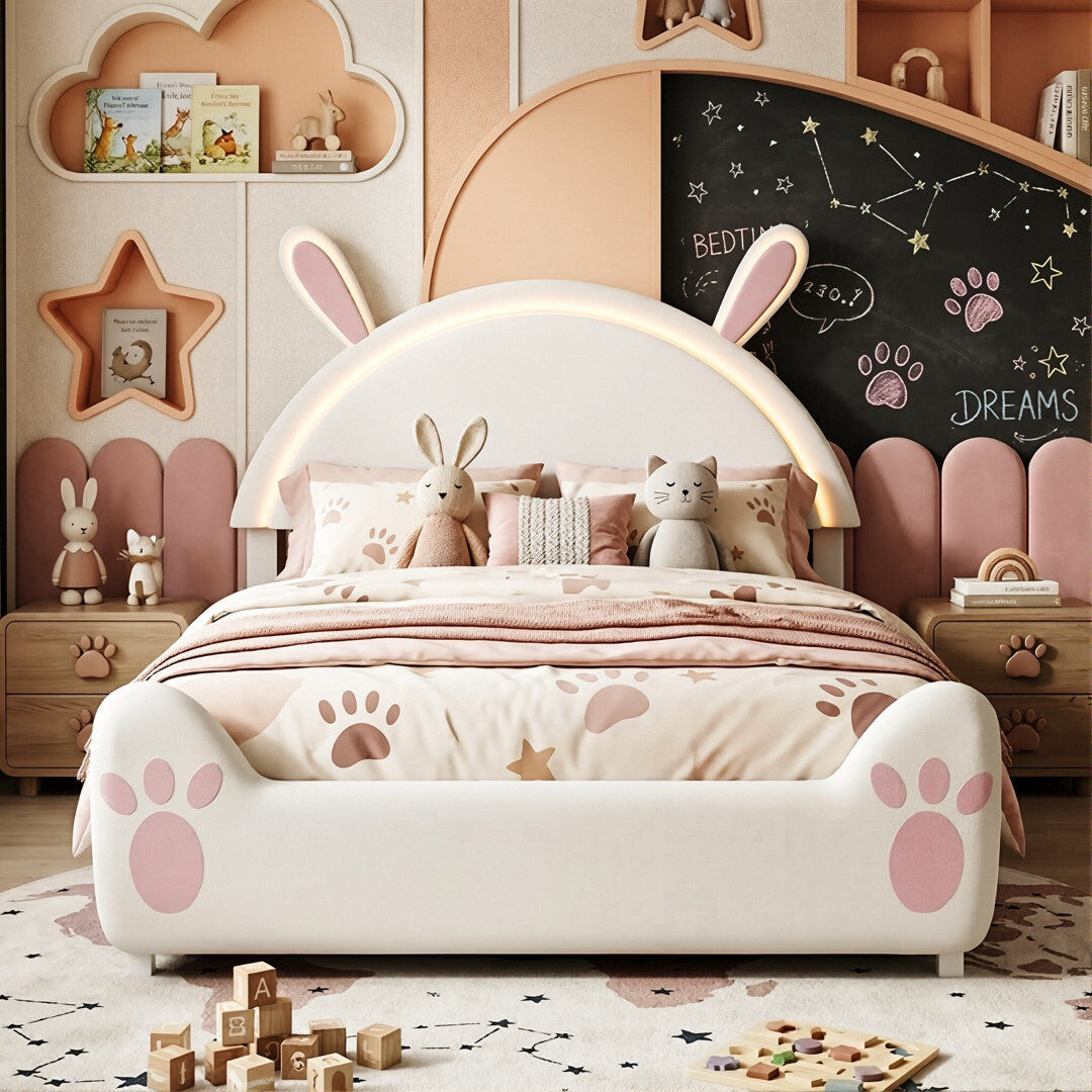 Fairmont Park European Single & Double Velvet Bed with LED Nightlight, Upholstered Frame with Rabbit Design & Under-Bed Clearance, Pink / Beige Beige European Double (140 x 200 cm)