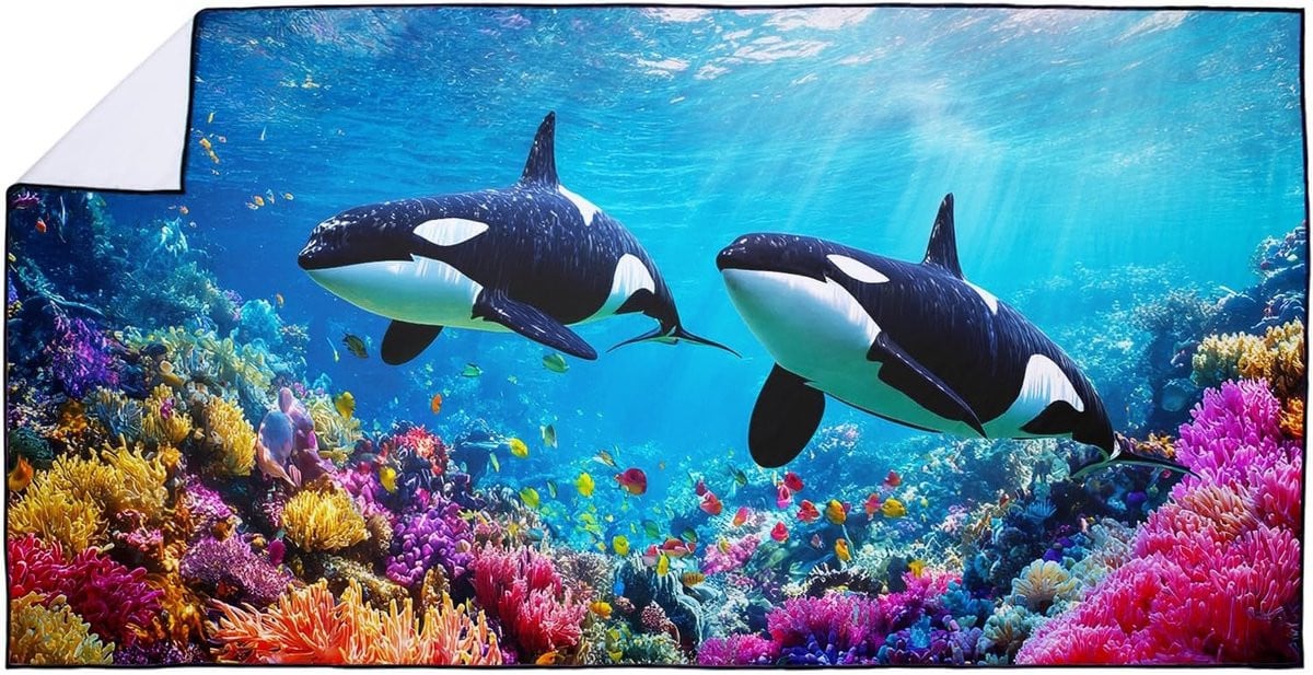 Microvezel Strandhanddoek met Orca Walvis Motief - Sneldrogend en Zandafstotend - 90 x 180 cm