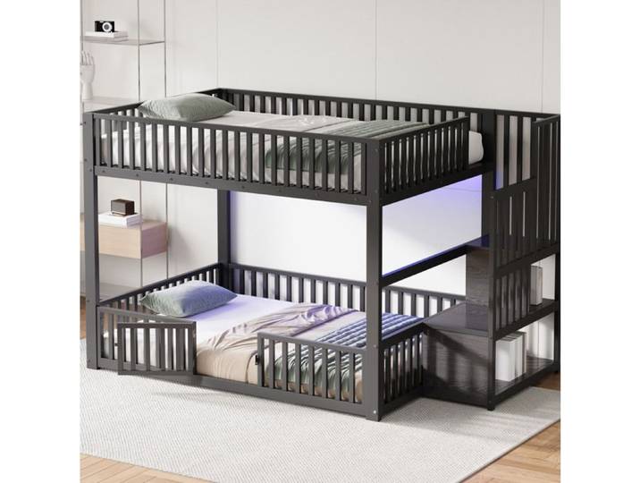WOVREO Lit superposé bas 140x200 cm avec escalier de rangement LED métal et MDF noir