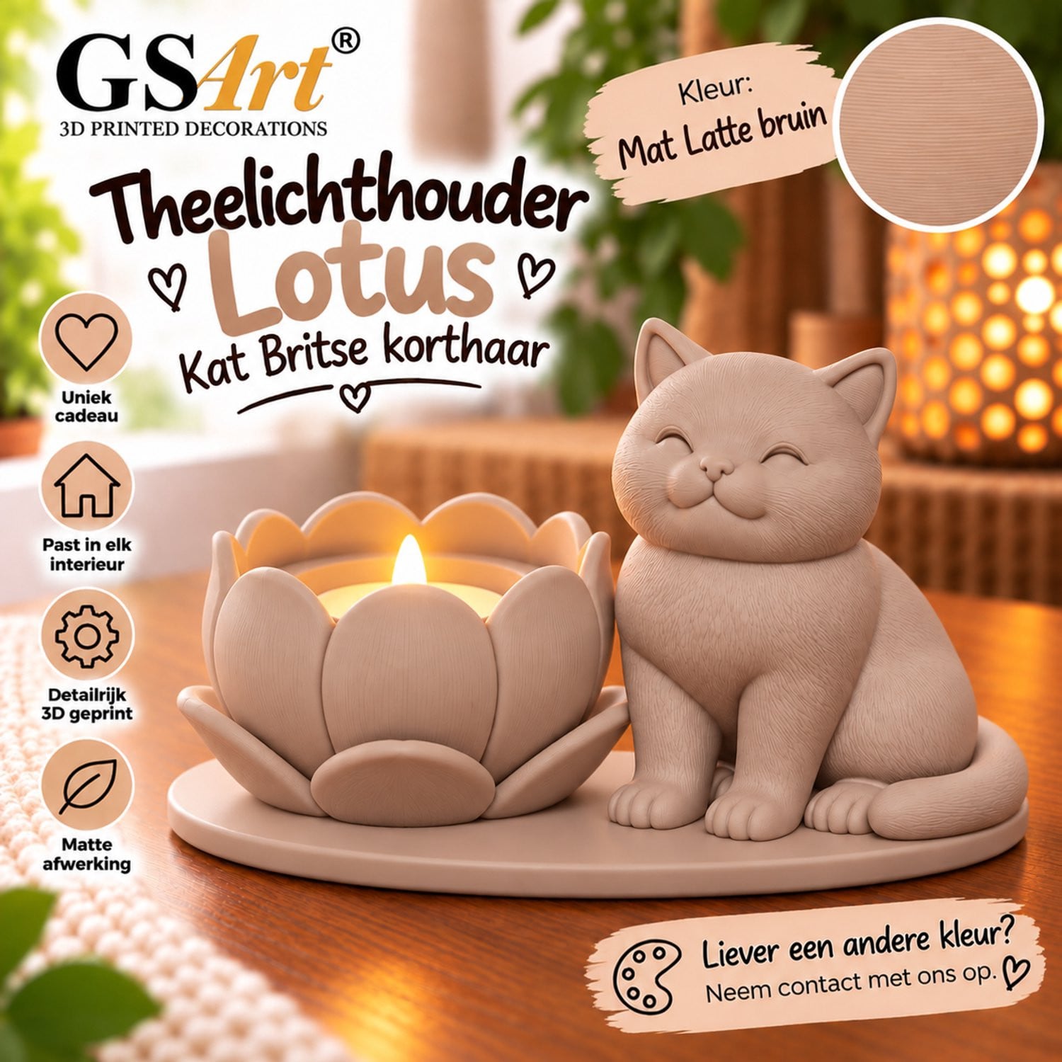 GSArt Theelichthouder Lotus Britse Korthaar Kat LED Mat Lattebruin