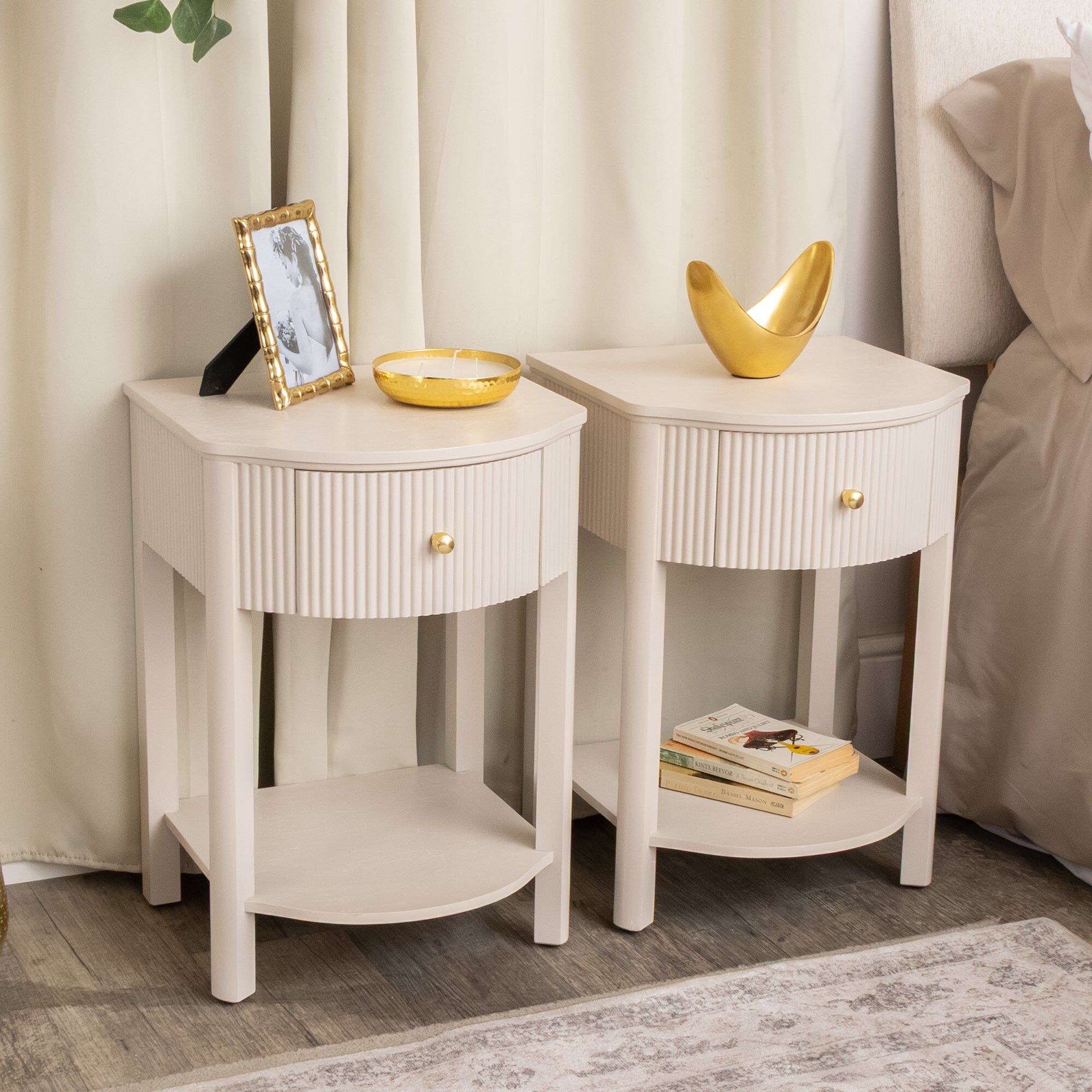 Pair of Reeded One Drawer Bedside Table - Willow Taupe Grey Range Wood, Metal