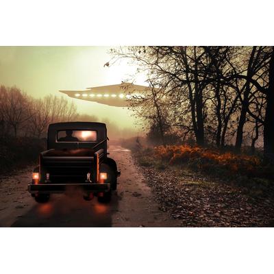 Fototapete PAPERMOON "Auto mit Raumschiff", bunt, B:2,5m L:1,86m, Vlies, Tapeten