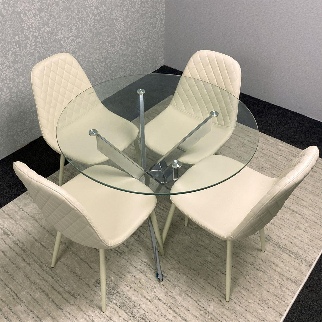 KOSY KOALA Maya Round Glass Dining Table with 4 Gem Chairs Chrome Finish Cream 4