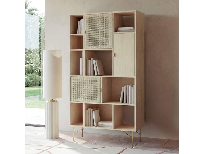 Bibliothèque en placage bouleau et cannage en rotin, L100 cm