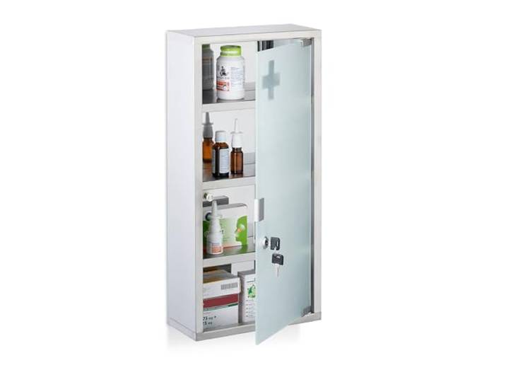 Relaxdays Medizinschrank, 4 Fächer, HBT: 57 x 27 x 12 cm, abschließbarer Medikamentenschrank, Edelstahl, Glastür, Silber