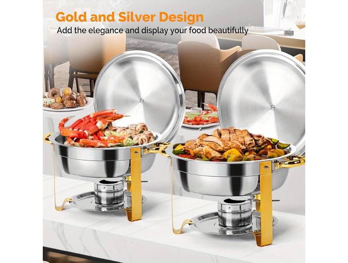 Poêle à buffet circulaire en acier inoxydable avec isolation plaquée or, petit ensemble de poêle rond commercial, poêle à petit déjeuner pour restaurant