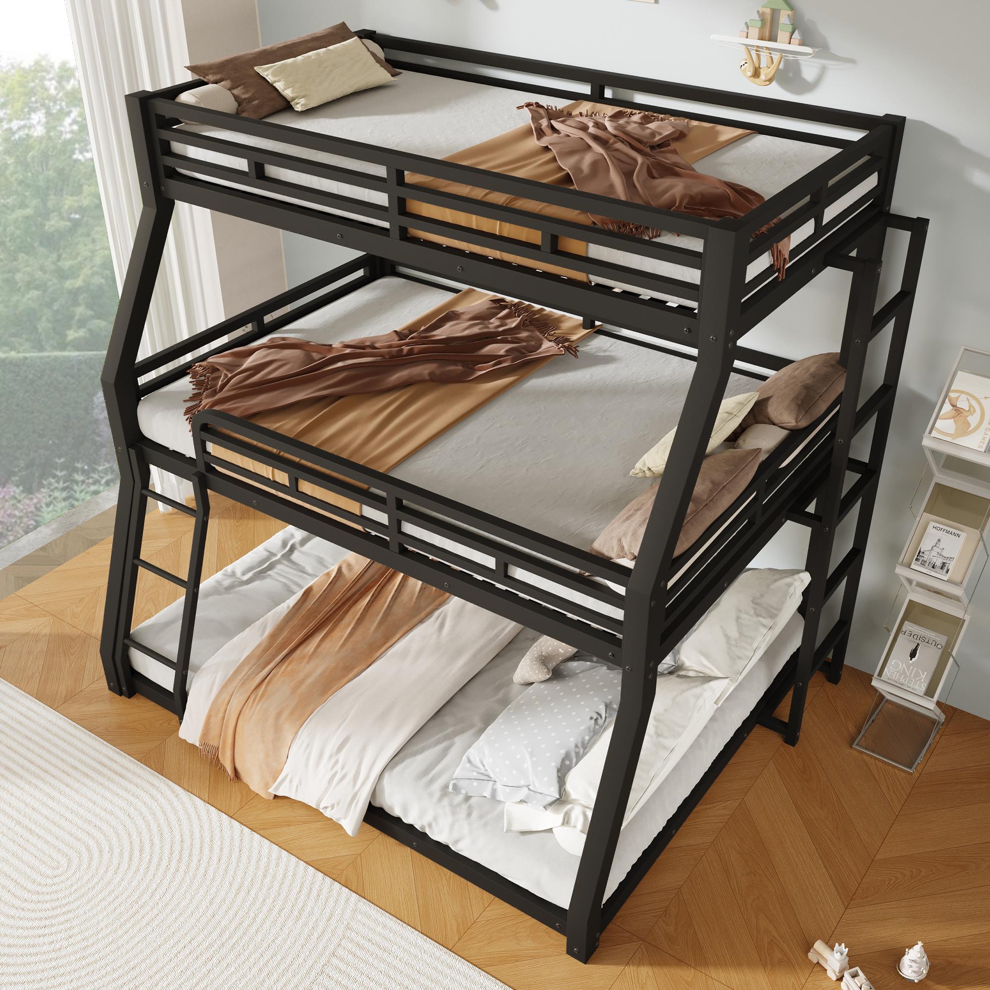 okwish Etagenbett 90/120/140x200 mit Rausfallschutz,Jugendbett Geeignet für drei Kinder,Metallbett Jugendliche und Erwachsene,Schwarz(Ohne Matratze)