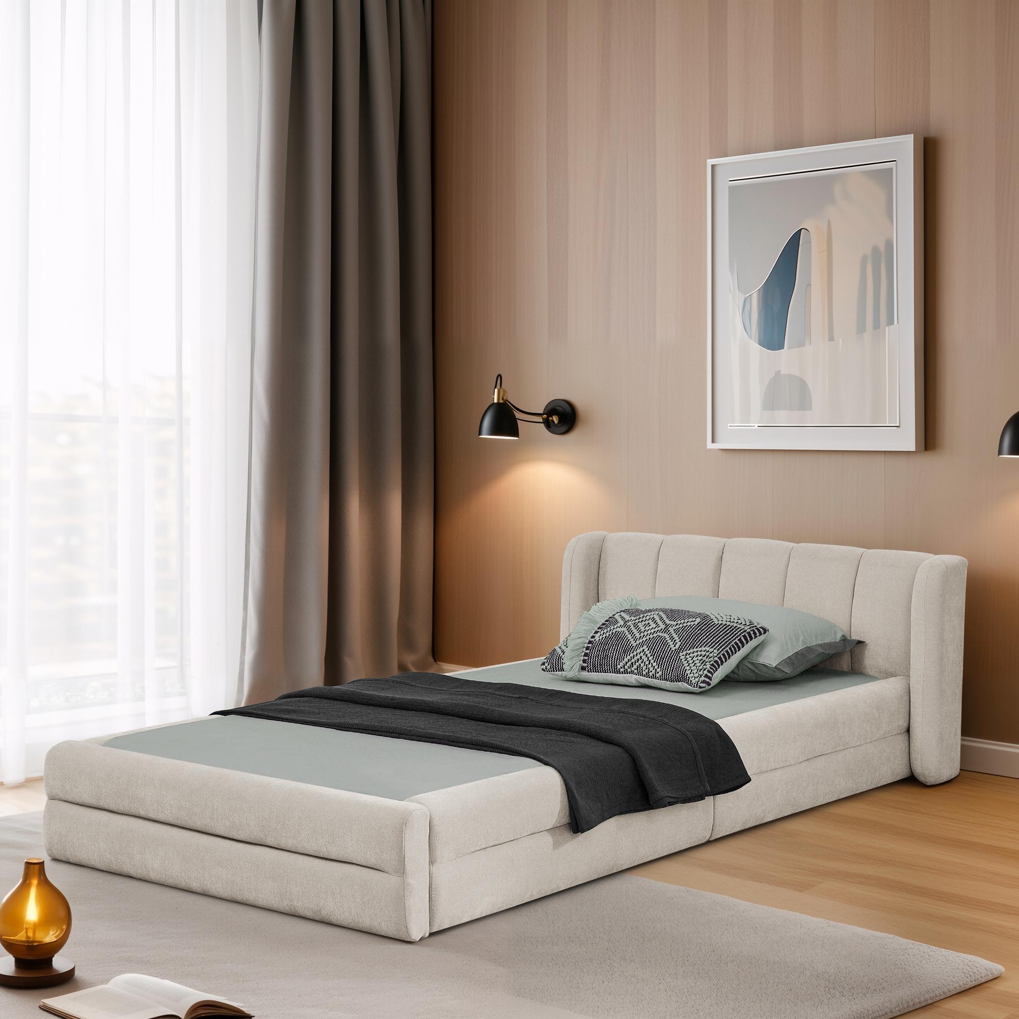 MODFU Kinderbett mit Matratze 90x200 Jugendbett mit hautfreundlichem Chenillestoff und verstärktem Innengestell,Einzelbett mit Unterstützung,Beige