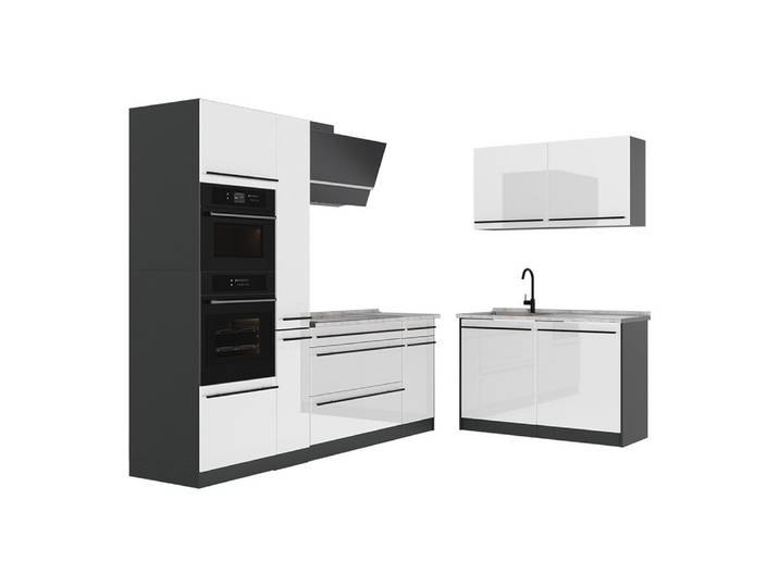 Vicco Winkelküche R-Line, Weiß Hochglanz/Anthrazit, 230 x 120 cm Arbeitsplatte Marmor