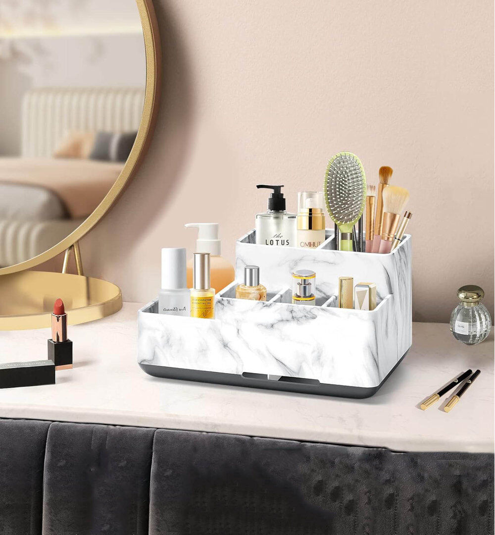 Ivy Bronx Plastic Bathroom Accessory Set Bathroom Tray Tumbler White Marble 11.7cm H X 21.7cm W X 21.7cm D
