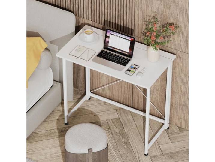 Bureau Informatique Blanc Pliant pour Petits Espaces Table d'Ordinateur Pliante Cadre en Métal 80x45x74cm