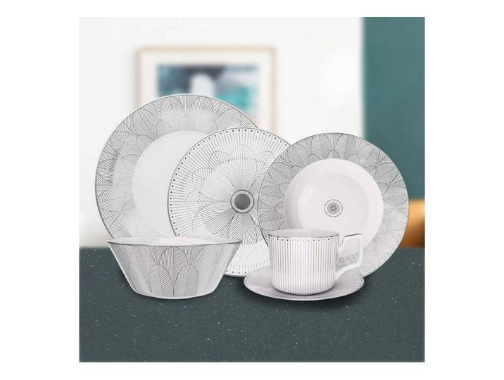 Quality Elegance Speiseteller Bone China Geschirrset Weiß Grau Muster – Teller Schale Tasse, (6 St), Bone-China-Geschirr, Tafelgeschirr, Essservice