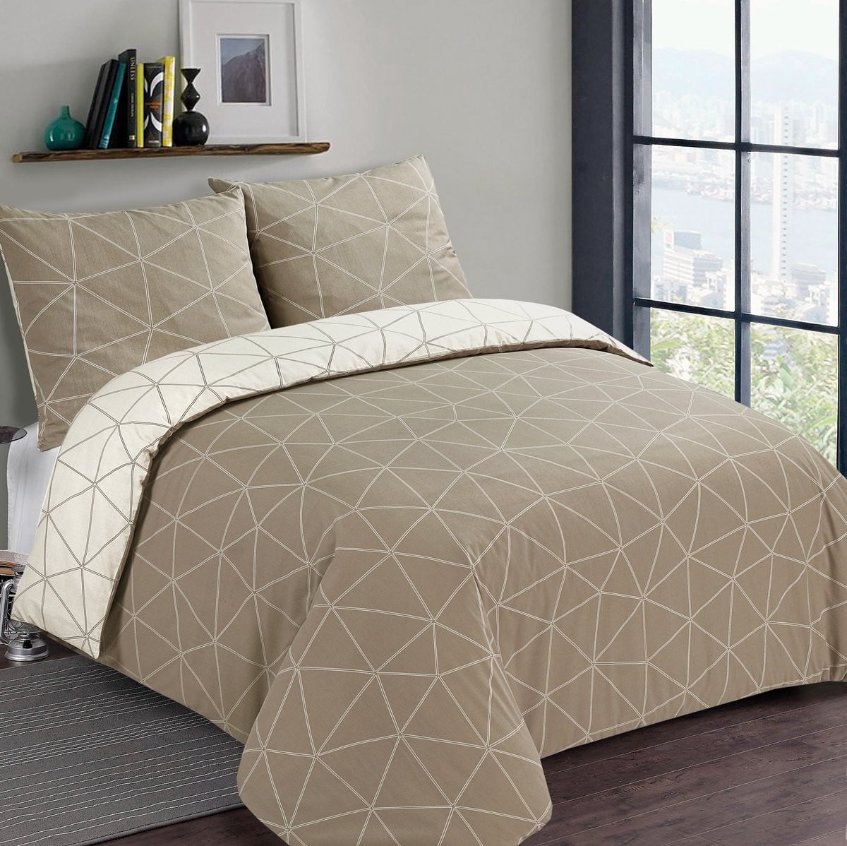 VISION Home Hugo Flanel Tweezijdig Omkeerbaar Dekbedovertrekset - 100% Katoen Flanel - Lits-jumeaux - Beige - Dekbedovertrek 240 x 220 cm met 2 slopen